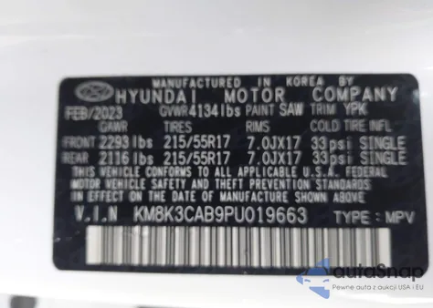 2023 Hyundai Kona Sel z USA, uszkodzony, nr VIN KM8K3CAB9PU019663
